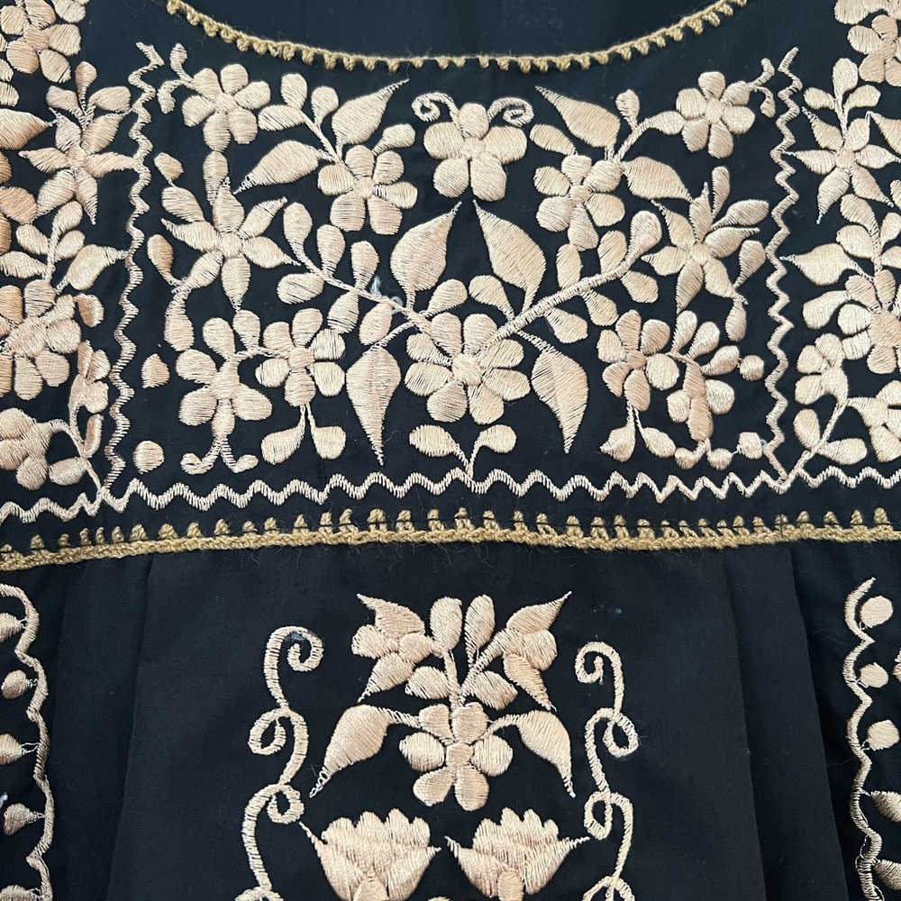 Traditional Mexican Dress. Embroiled. Midi length. All black and gold flowers.